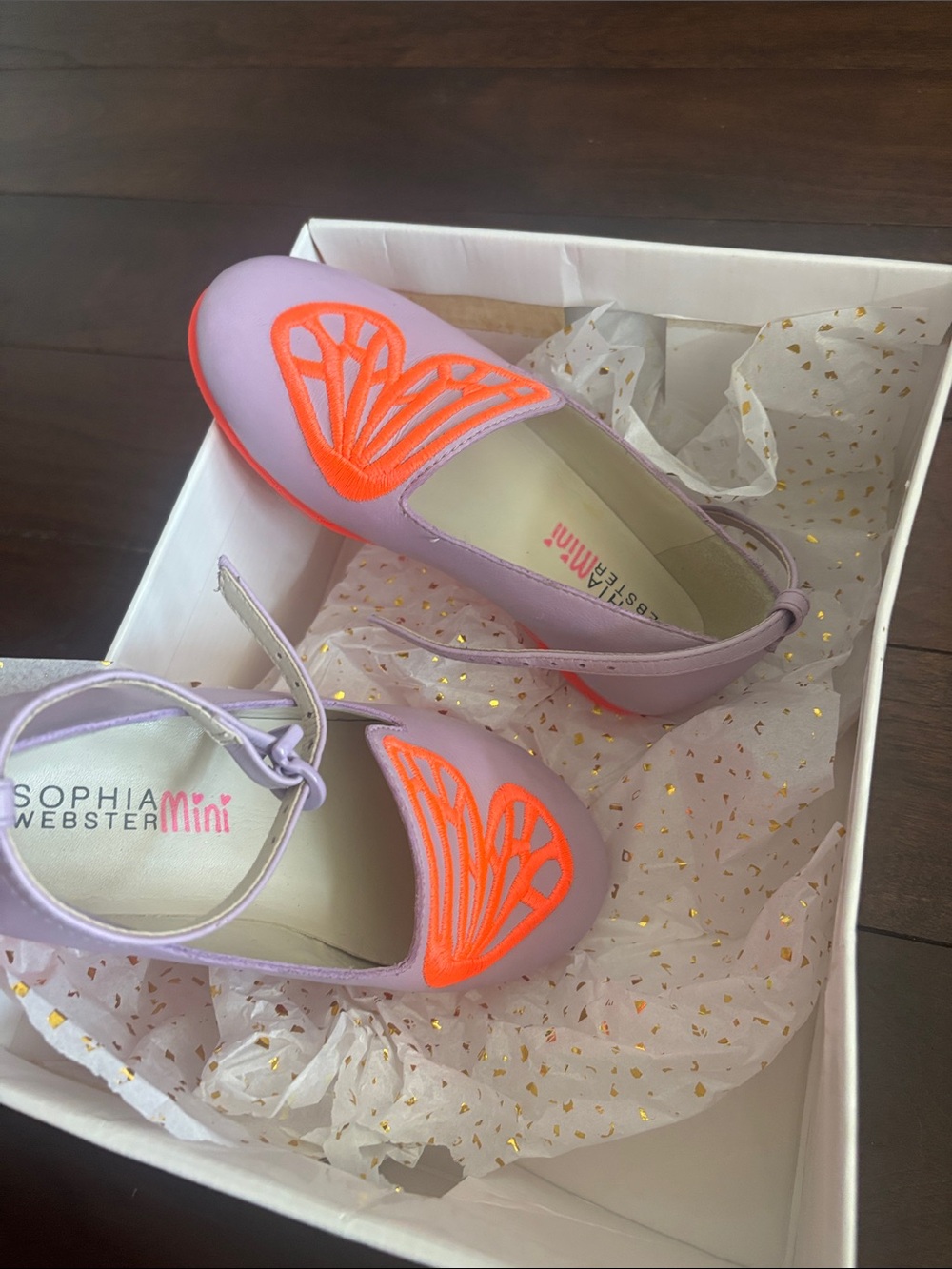 Sophia Webster Mini Lilac Flats with Neon Orange Wing Detail